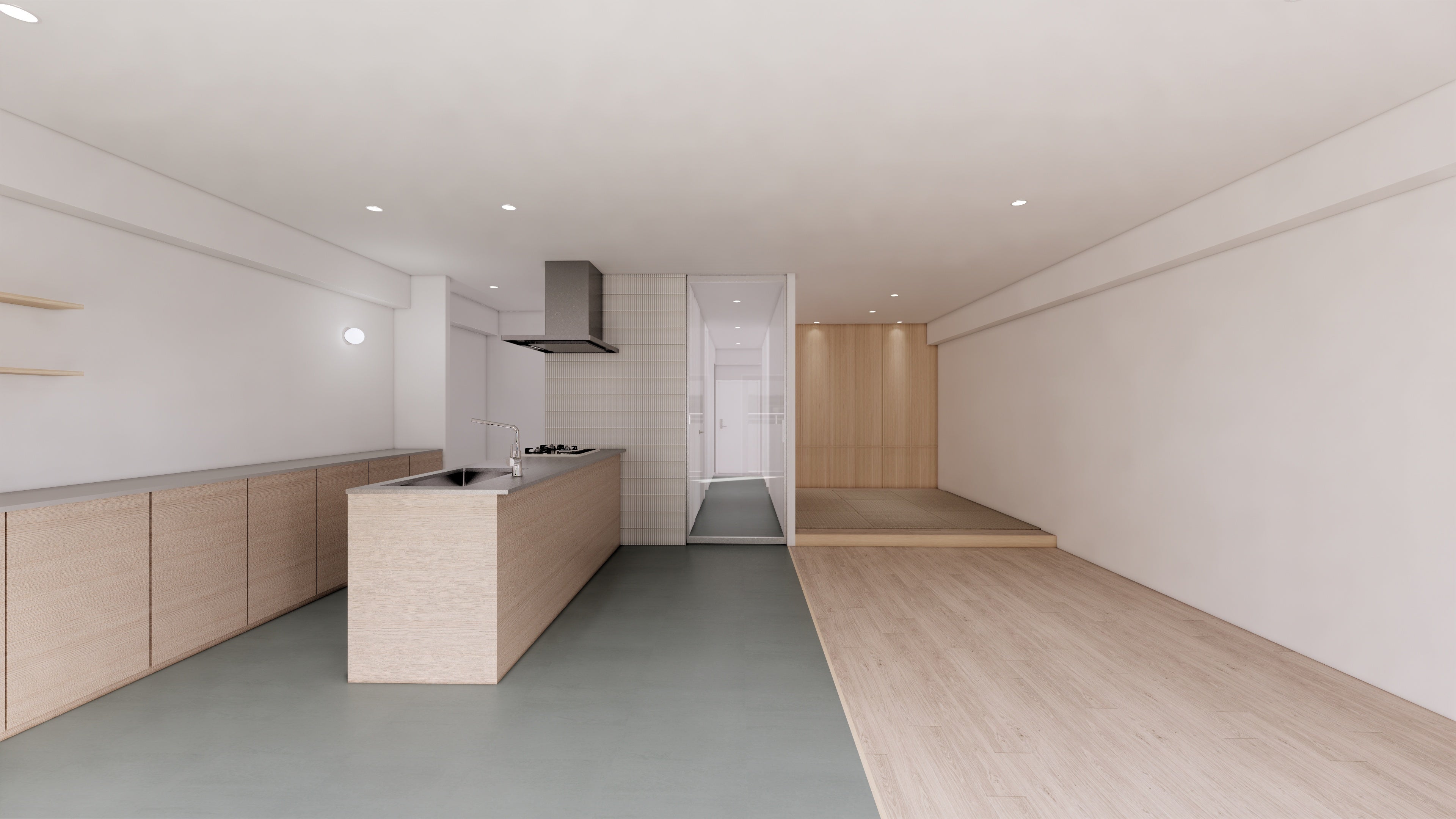 LDK：床材の切り替えと段差で空間を緩やかに区切り、開放的でありながら使いやすく