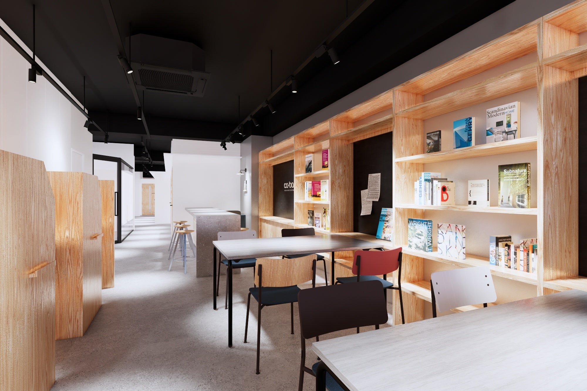 フリーアドレスと壁面の本棚