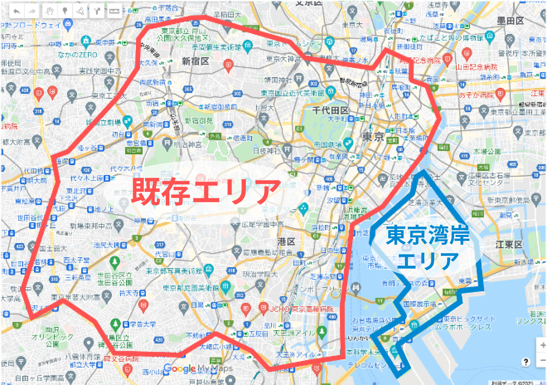 今回新たに追加されるエリア図（地図データ：Googleマップ）