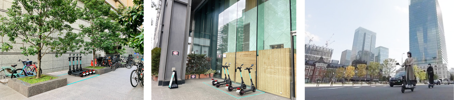 ▲（左・中央）丸の内エリアのLUUPのポート　（右）丸の内エリアでの走行の様子（2020年10月より半年間実施された実証実験より）