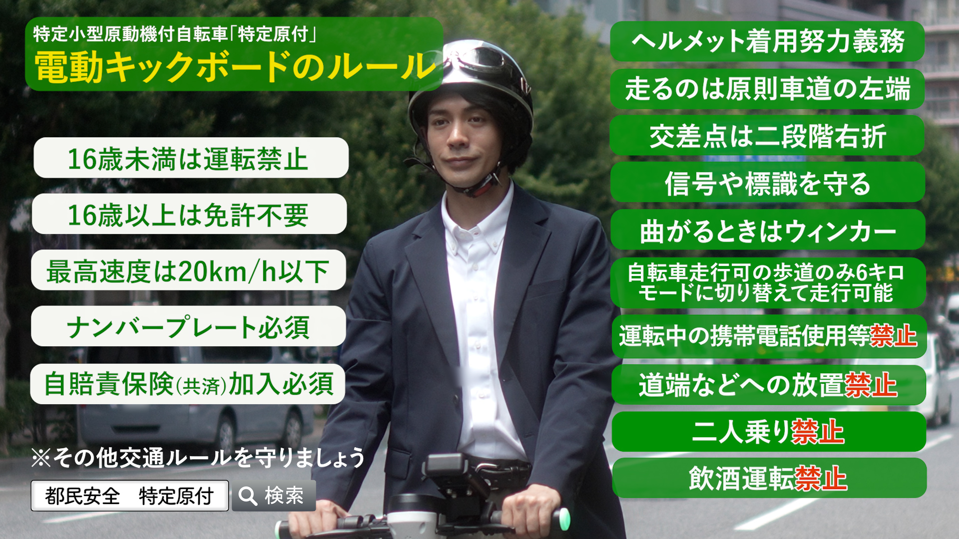 動画では、電動キックボードで公道を走行する際の基本的なルールや、走行場所、禁止事項について解説されています。