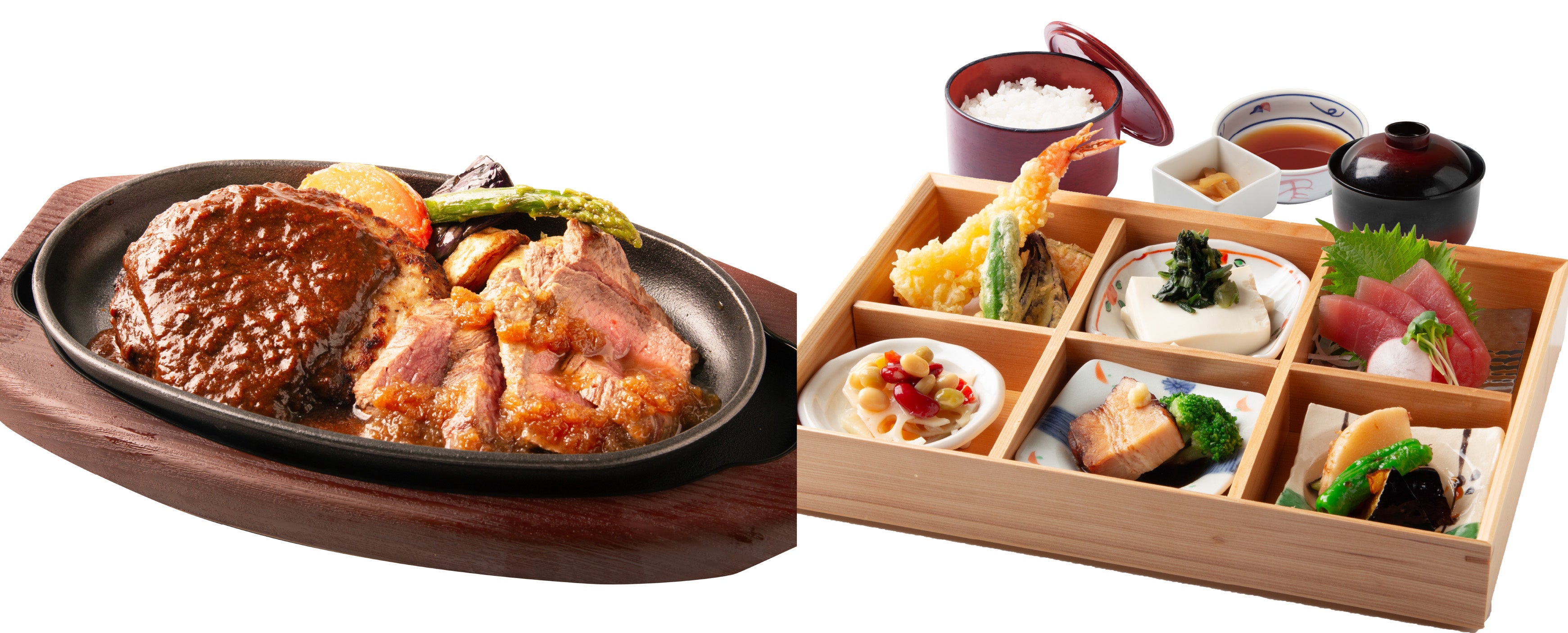 （左）ハンバーグ＆牛肉ステーキ　（右）喜楽里御膳