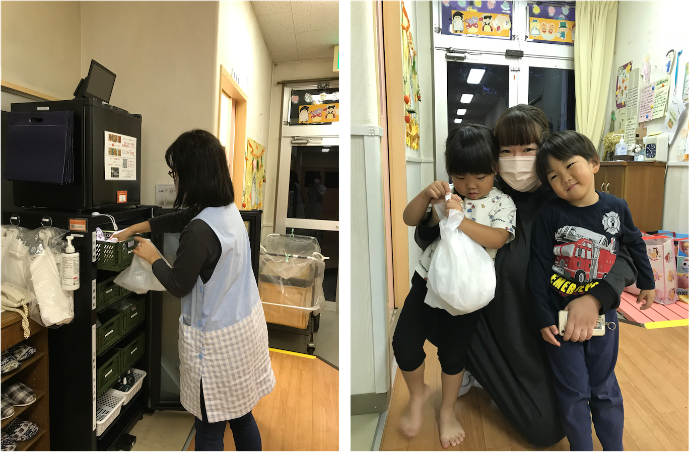 ＜左：「the 3rd kitchen®︎」で夕飯のミールキットを受け取る保育士の様子、右：夕飯のミールキットを持つ保護者とその子ども＞