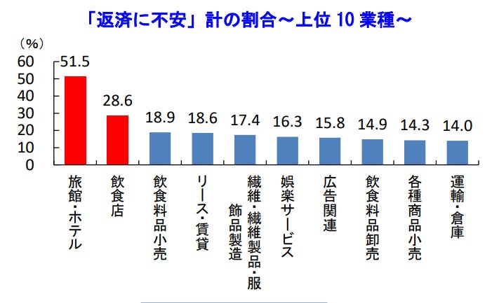 「返済に不安」計の割合~上位 10 業種~