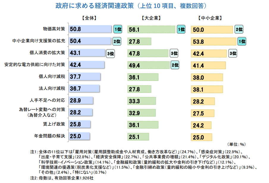 政府に求める経済関連政策（上位 10 項目、複数回答）