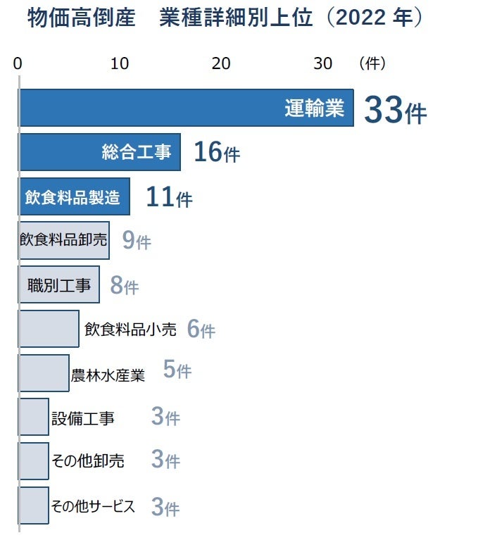 物価高倒産　業種詳細別上位（2022年）