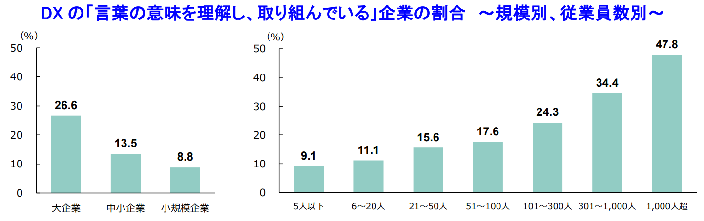DX の「言葉の意味を理解し、取り組んでいる」企業の割合 ～規模別、従業員数別～