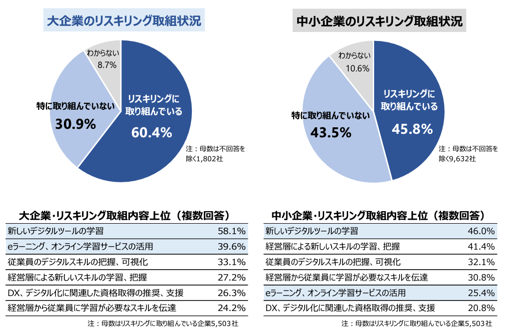 大企業・中小企業のリスキリング取り組み状況