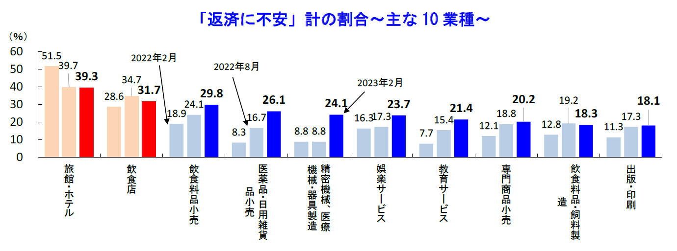 「返済に不安」計の割合～主な10 業種～