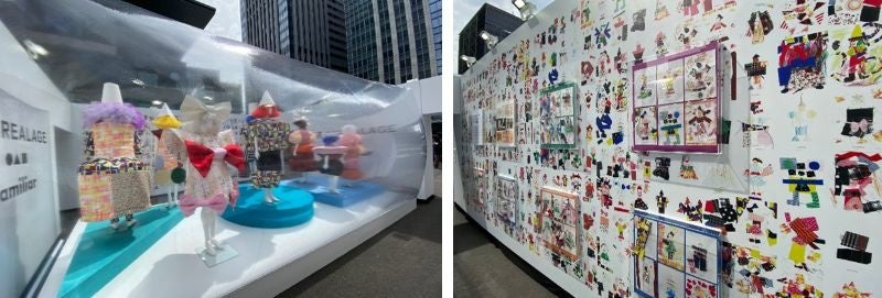 「◯△▢ RE_DESIGN by ANREALAGE × familiar」コレクションルック（左）「◯△▢ RE_DESIGN by ANREALAGE × familiar」壁面イラスト・デザイン原画（右）