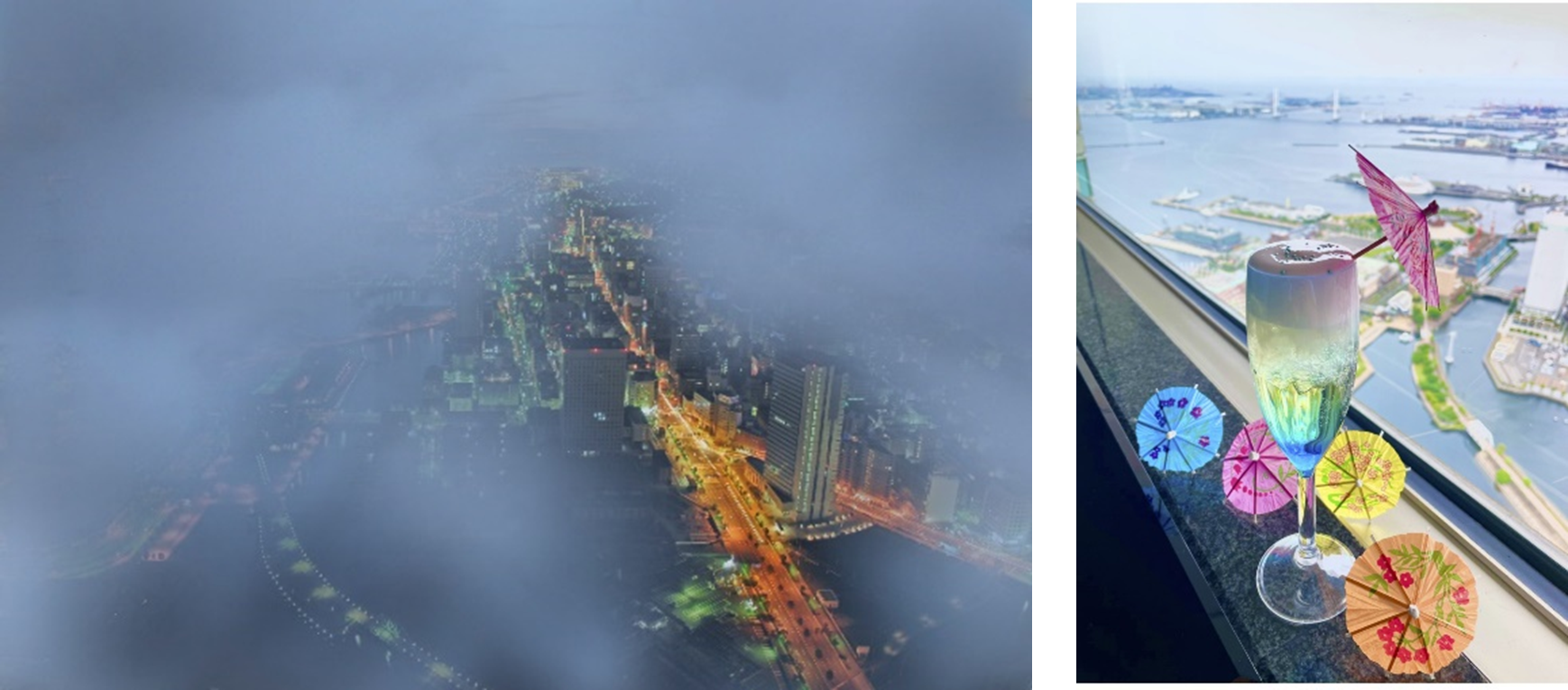 左：雨天時、眼下に雲を望むスカイガーデンからの景色（一例）／右：限定ドリンク「空庭慈雨（くうていじう）」