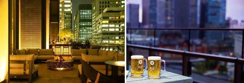 夜の丸の内ハウス テラスの様子（皇居側）（左）「BEER TERRACE」イメージ（右）