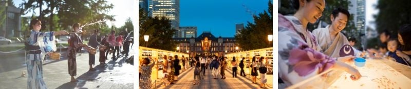 左から、「丸の内 de 打ち水」 過去開催時の様子、「風鈴展示」過去開催時の様子、「大手町縁日」過去開催時のイメージ