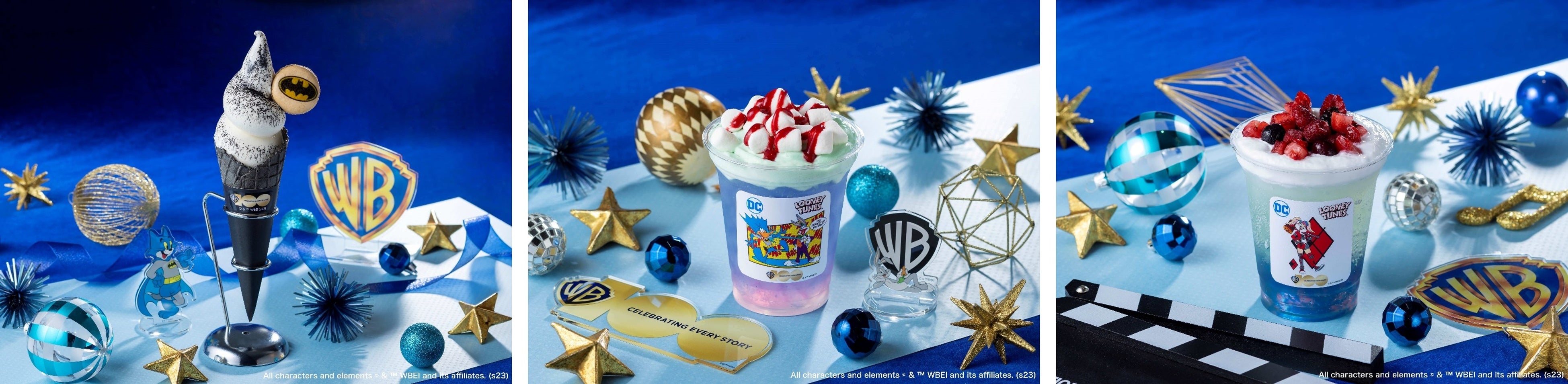 左：バットマン アイスクリーム／中：ジョーカー ティー／右：ハーレイ・クイン　ジンジャーエール　ピーチゼリー入り ※画像はイメージです