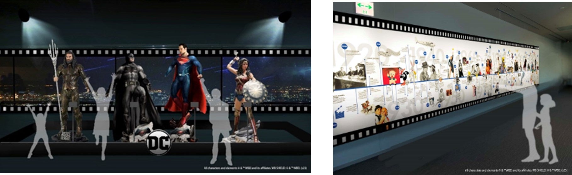左：スタチュー展示＆フォトスポット／右：ヒストリーウォールの展示　※画像はイメージです