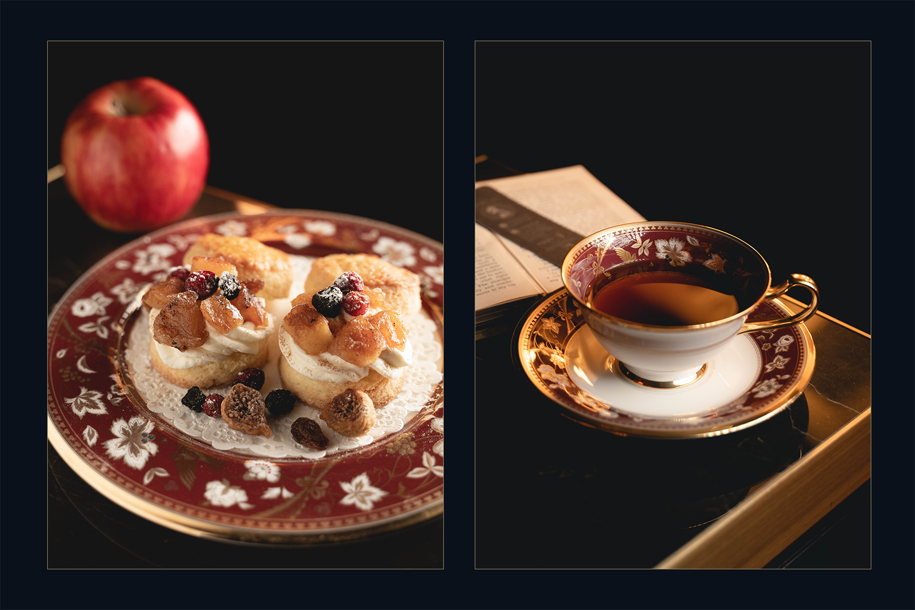 焼きりんごのスコーン(左)　ショコラ・オレンジ・ティー（右）