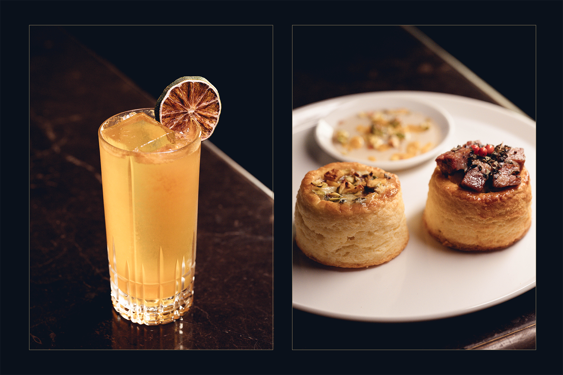 ナミキ・トニック(左)　焼きチーズとパテのスコーン（右）