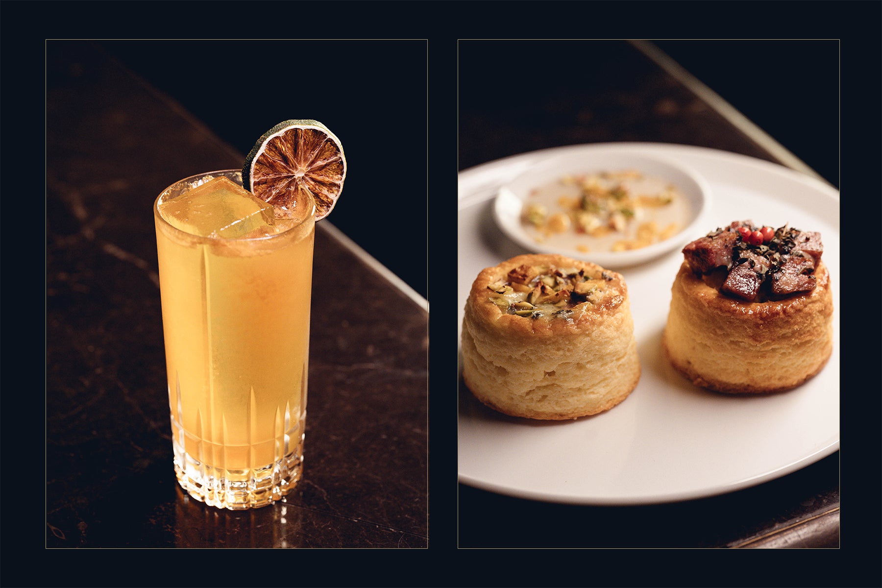 ナミキ・トニック(左) 焼きチーズとパテのスコーン(右)