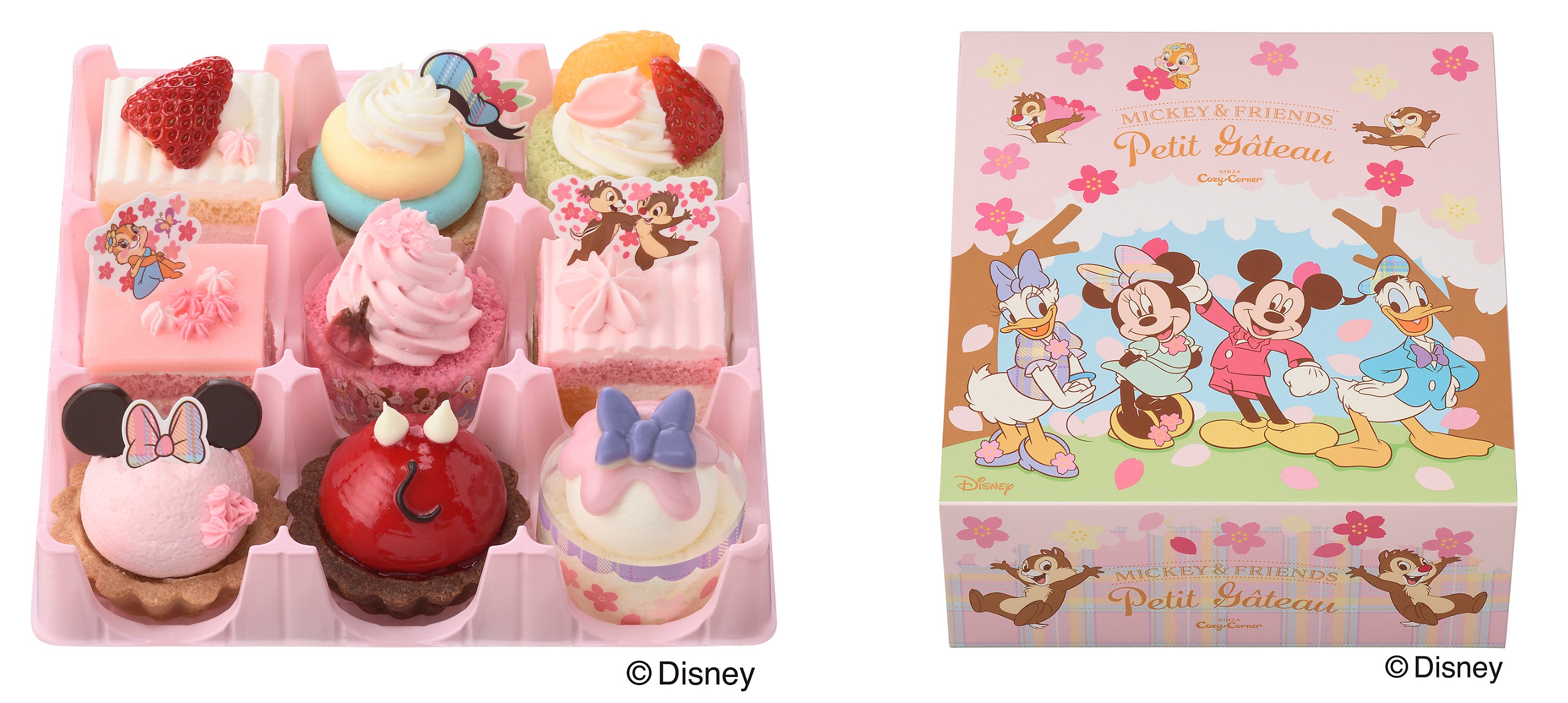 右：専用BOX。春らんまん、桜の木の下で、ミッキー、ミニー、ドナルドダック、デイジーダック、チップ＆デールたちがお花見を楽しんでいる様子をモチーフにした春限定デザイン。