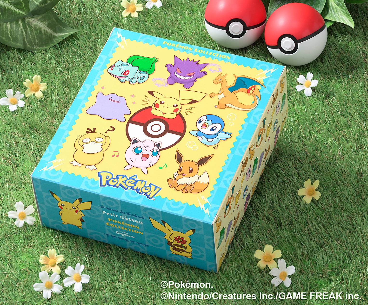 専用BOXは、プチケーキになったポケモンたちが集合したデザイン。側面には、ケーキひとつひとつの特長を解説する特設サイトへ遷移する二次元コード付き。