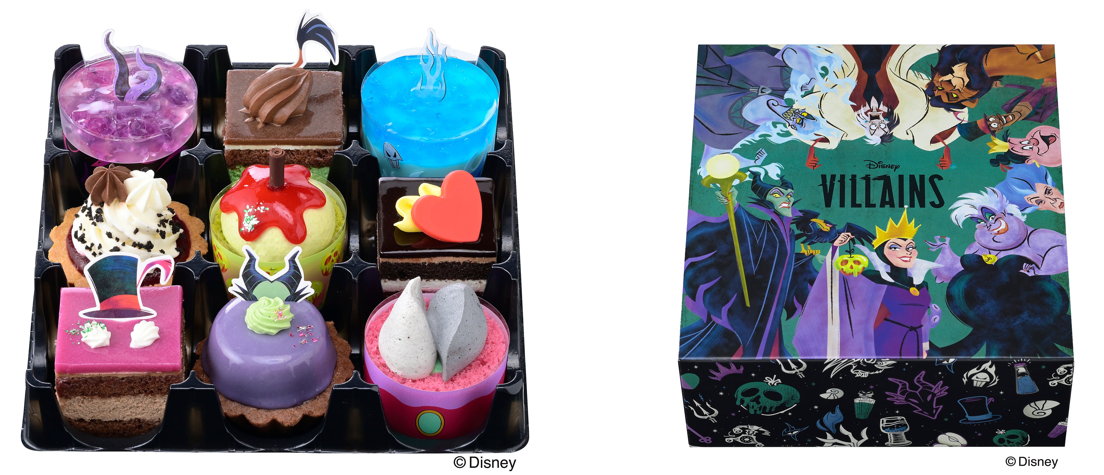 右：9種のキャラクターをデザインしたハロウィン限定デザインの専用BOX。ヴィランズたちが集合している、妖しくも華やかな雰囲気にもご注目ください！