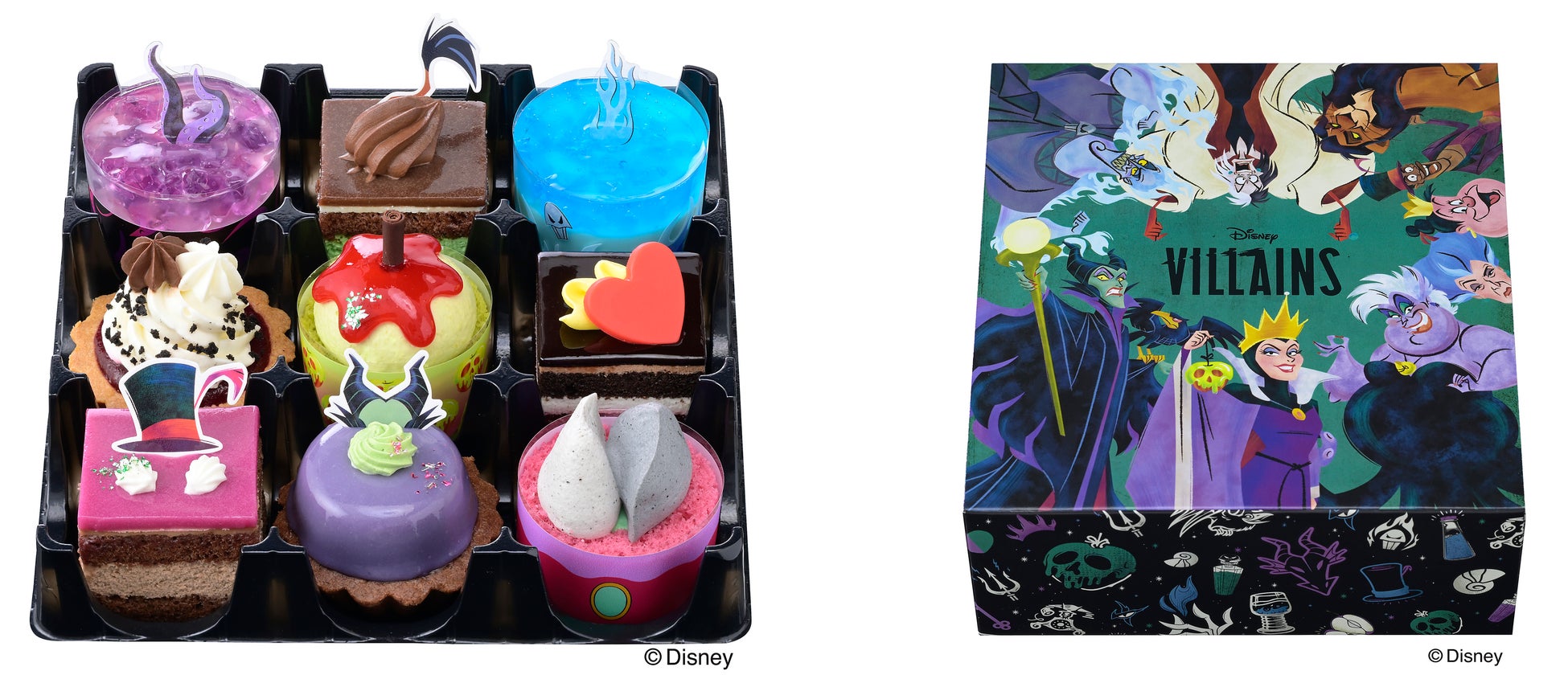 右:9種のキャラクターをデザインしたハロウィン限定デザインの専用BOX。ヴィランズたちが集合している、妖しくも華やかな雰囲気にもご注目ください!