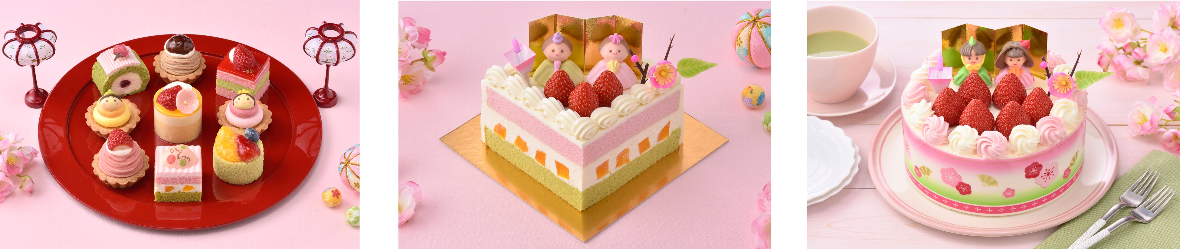 左：ひなパーティー（9個入）　中央：ひなおうぎSS　右：ひなショート（5号）