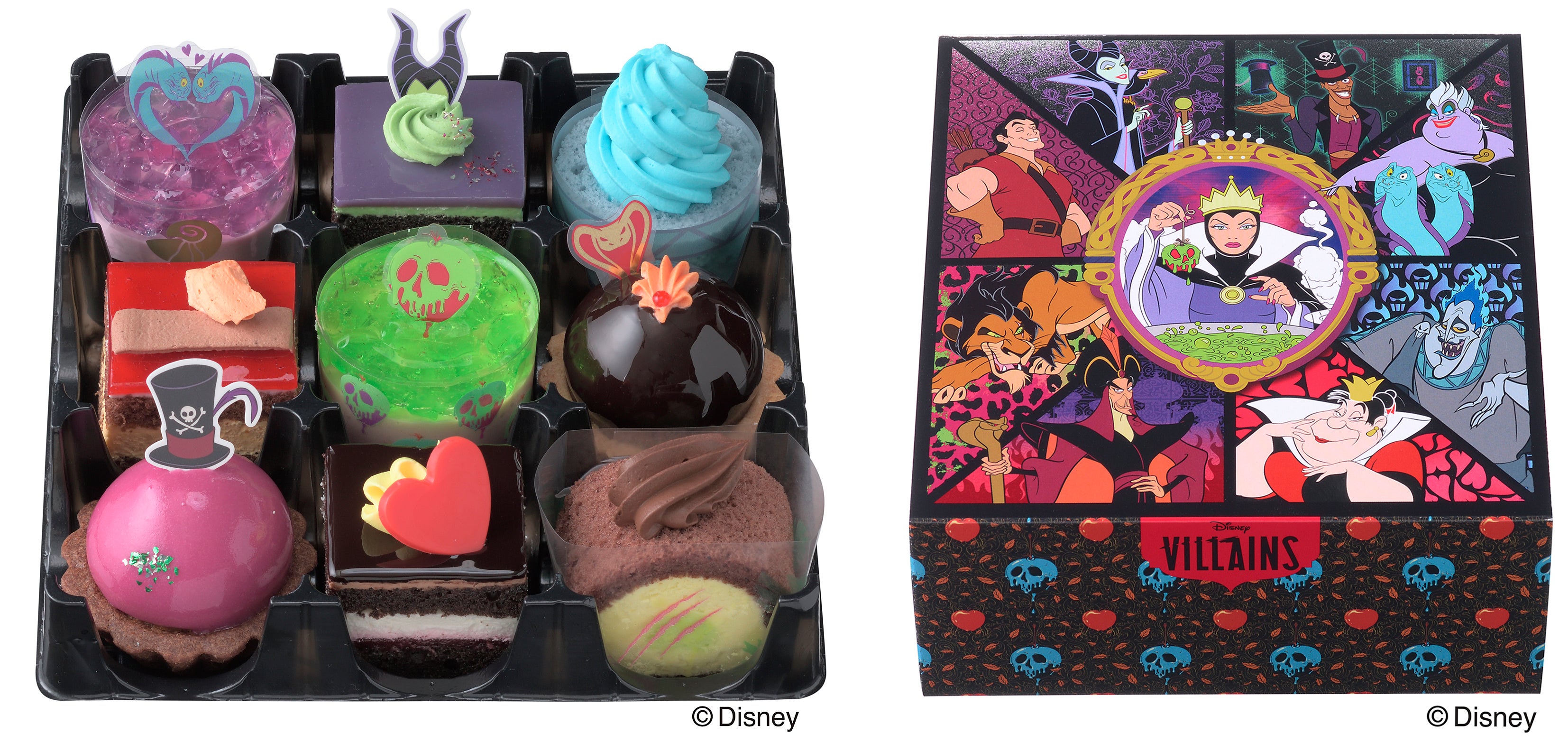 右：9種のキャラクターをデザインしたハロウィン限定デザインの専用BOX。ヴィランズの存在感がキラリ☆