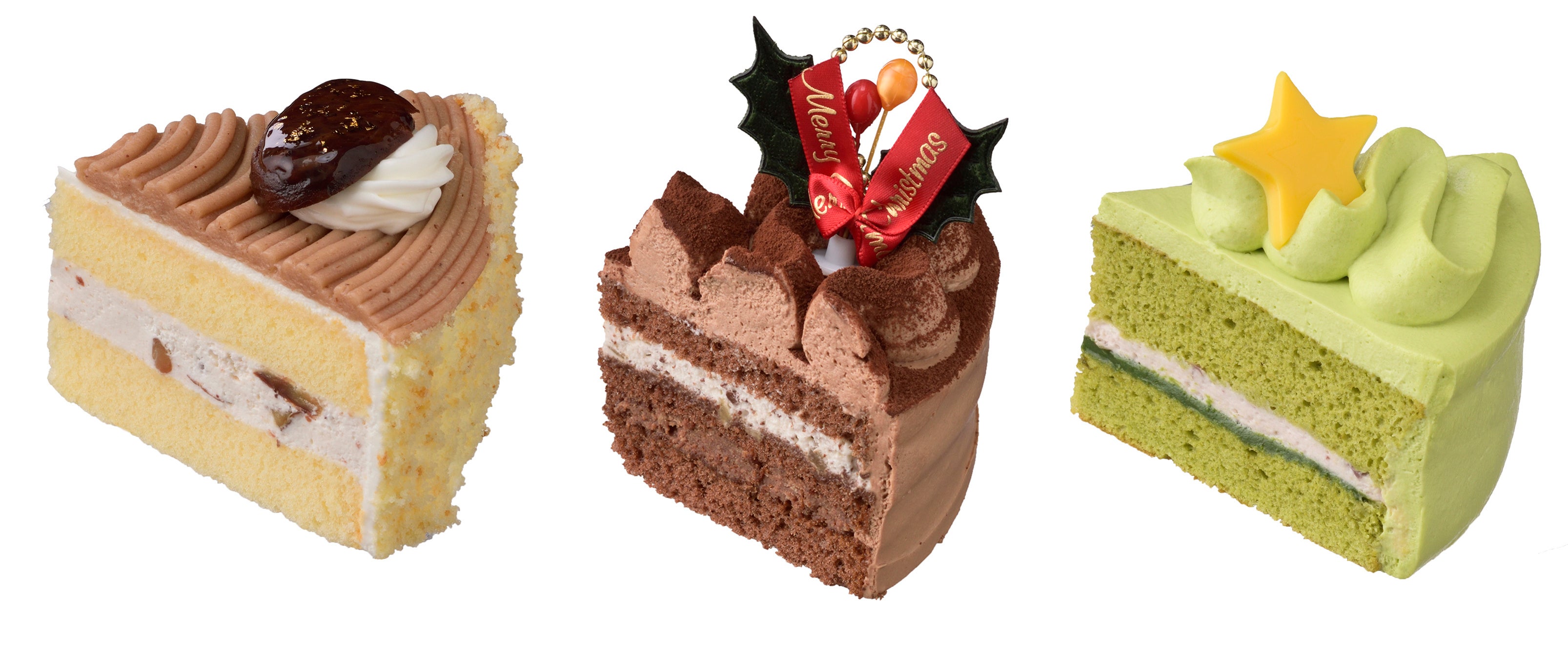 左：栗のショートケーキ　　中：チョコレートケーキ　　右：抹茶のシフォン