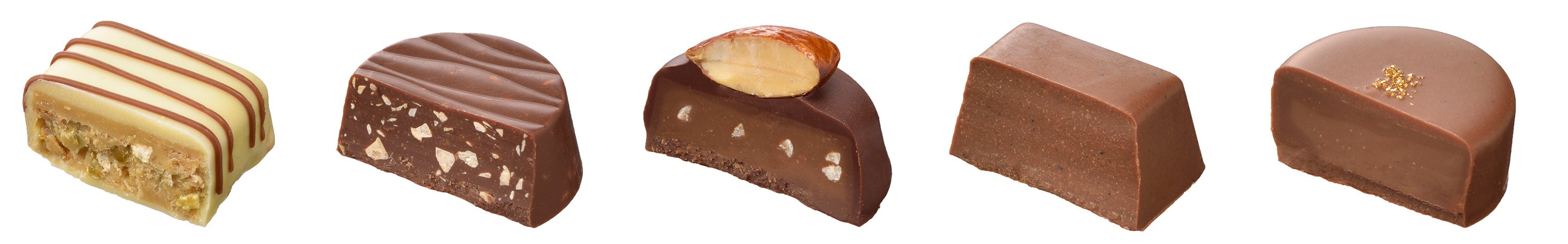 左より順に　　ホワイトピスターチ・アーモンドクラッシュ・アーモンド・ヘーゼルナッツ・ヘーゼルナッツミルク