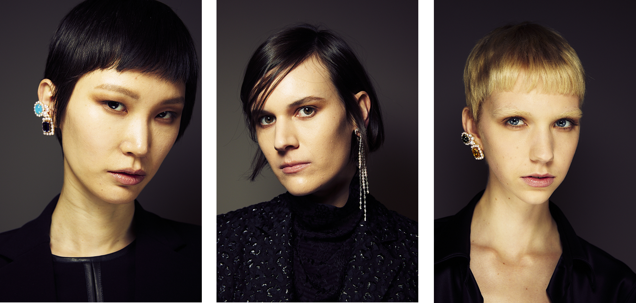 PRABAL GURUNG Fall 2022ショーにて撮影された「TASAKI Atelier」の新作ジュエリー 【写真左から】Oreイヤリング、Waterfallイヤリング、Oreイヤリング