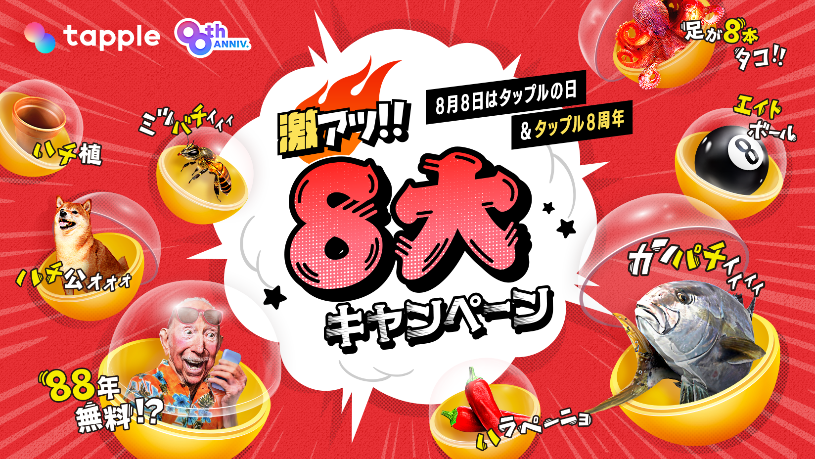 マッチングアプリ タップル 8月8日の タップルの日 と8周年を記念 して タップルをお得に利用できる8つのキャンペーン 激アツ8大キャンペーン を実施 株式会社タップルのプレスリリース