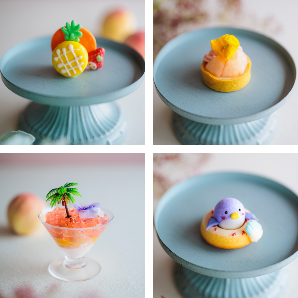 左上から時計回りに『パイナップルフィナシェ』『白桃とパッションフルーツのタルト』『ブルーベリーペンちゃん』『白桃とマンゴーのヴェリーヌ～アイランド風～』