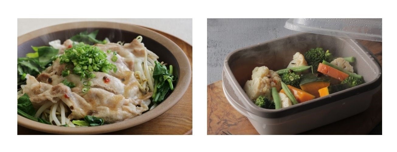 （左）豚肉ともやしとほうれん草のレンジ蒸し　（右）温野菜サラダ