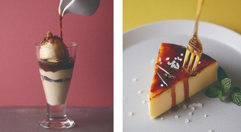 （左）アフォガート、（右）チーズケーキブリュレ