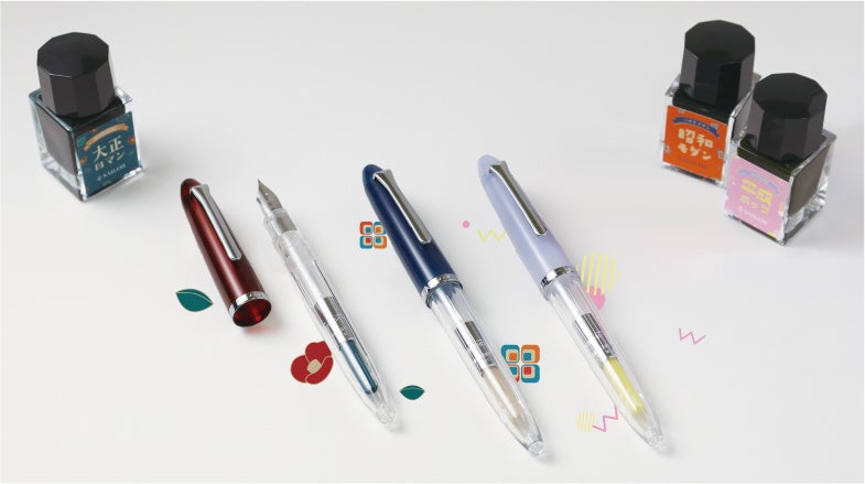 これ1つですぐに始められる、万年筆とコンバーターとミニボトルインクのセット! 『プロフィットJr.+10 レトロ』『10×3 レトロ 万年筆用ボトルインク10ml 3色セット』
