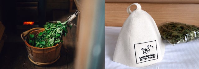 左：下川町産白樺ヴィヒタ　右：オリジナルサウナハット