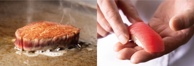 左：北海道産牛ヒレ肉のステーキ　 右：握り寿司