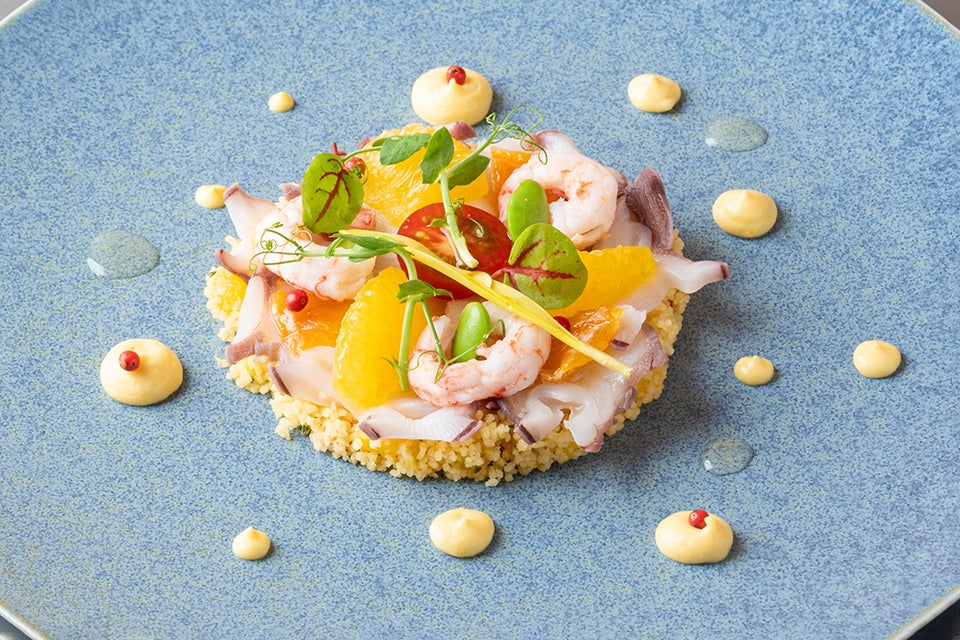 庄内産水だこと赤海老のサラダ仕立て オレンジ風味のマスカルポーネクリームソース