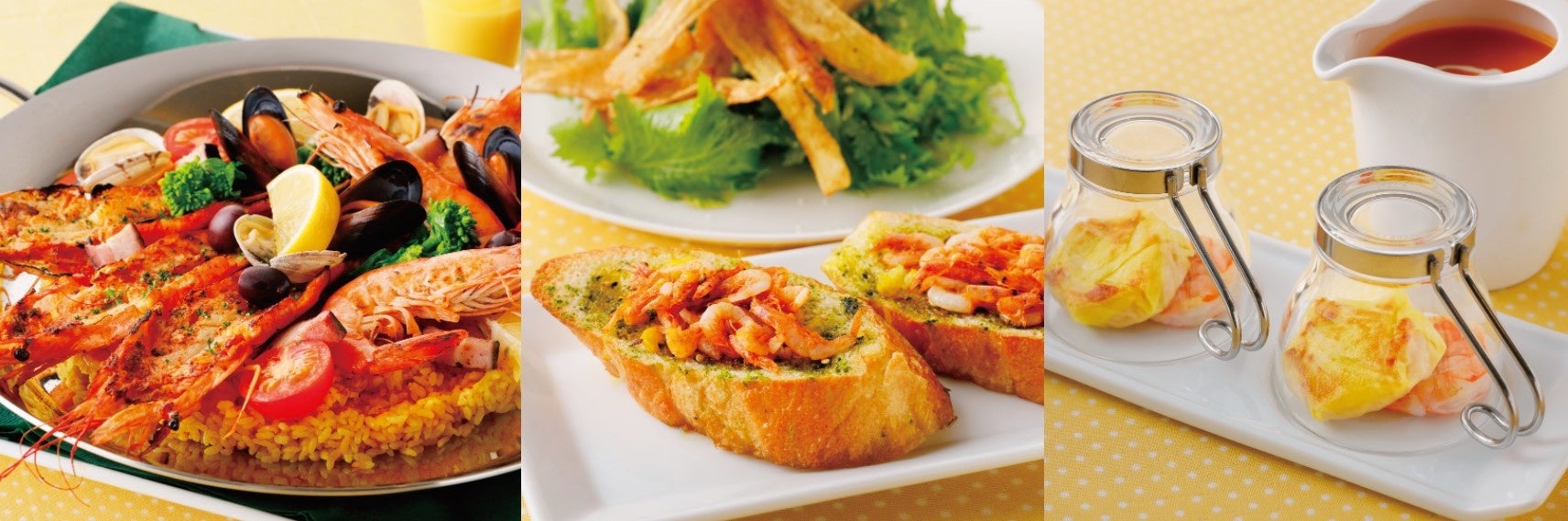 （左から）赤海老のパエリア、桜海老・抹茶の柚子風味トースト、海老つみれのおやき