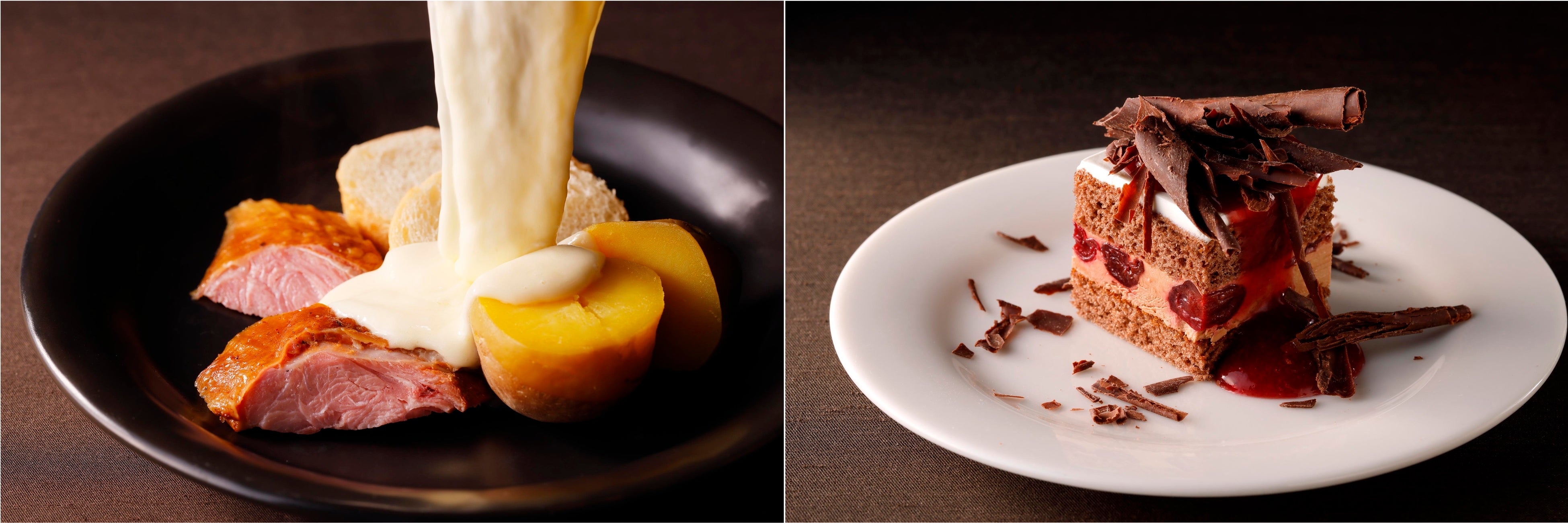 左：スモークターキーと熟成じゃがいものラクレットチーズがけ　右：フォレ・ノワール