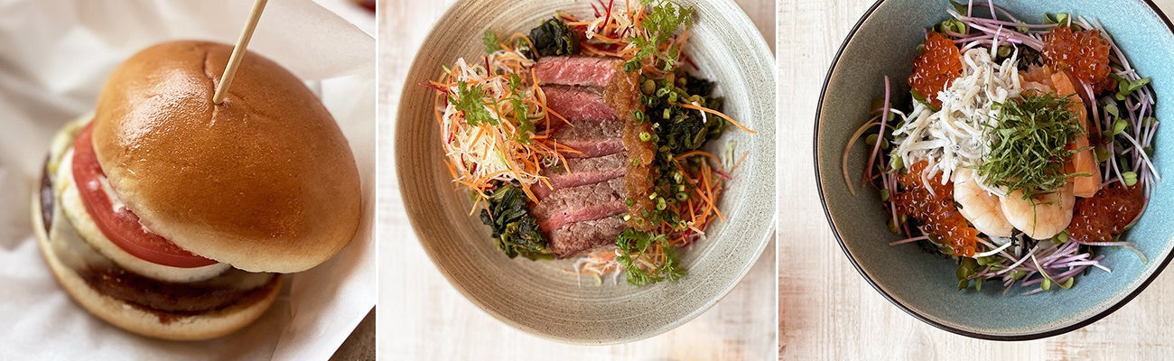 左から「ENCOREバーガー」「サラダステーキ丼」「本日の1品～海丼～」イメージ