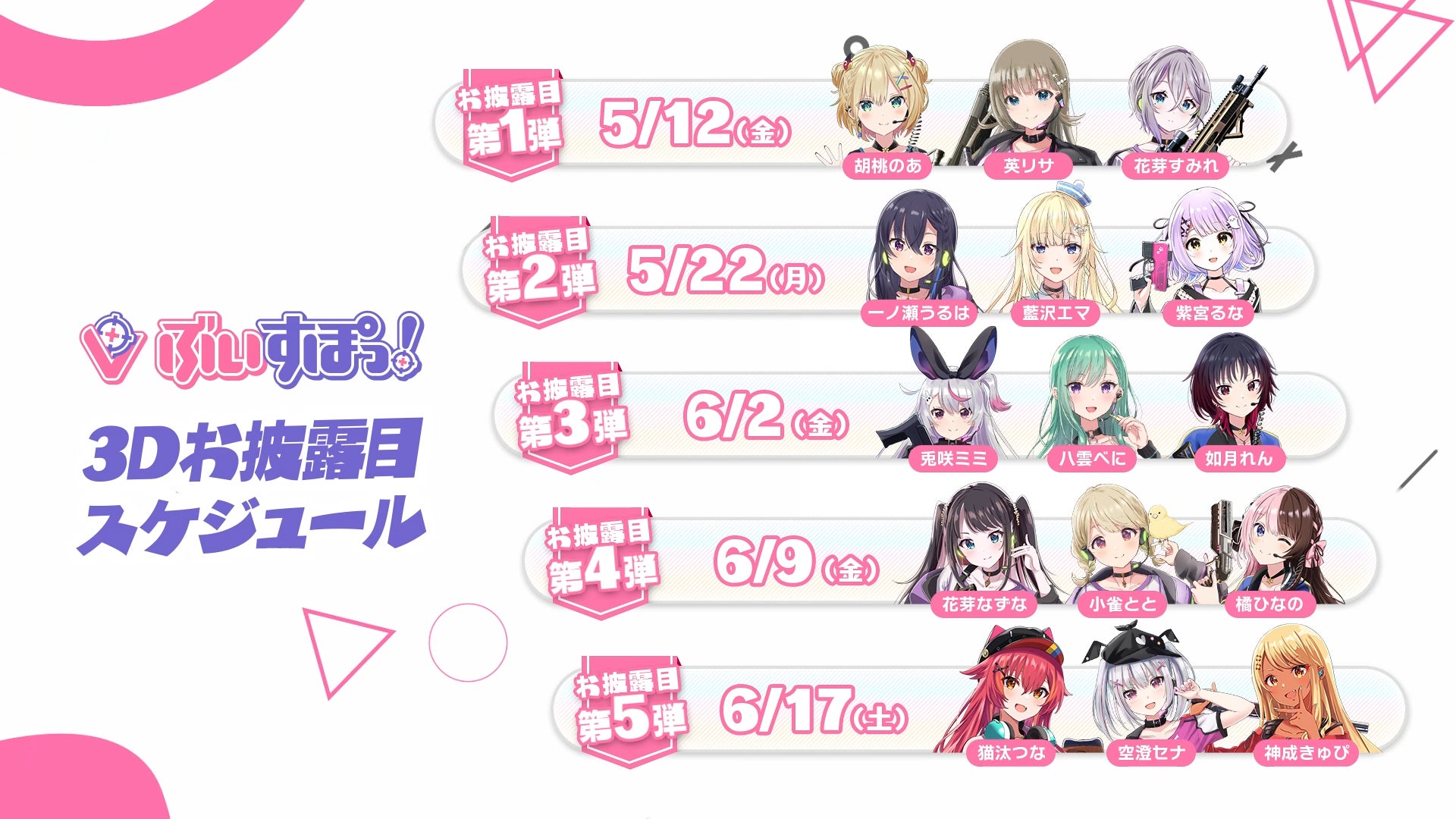 「ぶいすぽっ!」VTuberグループが3D化!次世代Virtual eSportsプロジェクトのお披露目配信が5回に分けて実施。個人チャンネルからリレー形式で配信され、3Dを活かした企画配信も。 「ぶいすぽっ!」VTuberグループが3D化!次世代Virtual eSportsプロジェクトのお披露目配信が5回に分けて実施。個人チャンネルからリレー形式で配信され、3Dを活かした企画配信も。