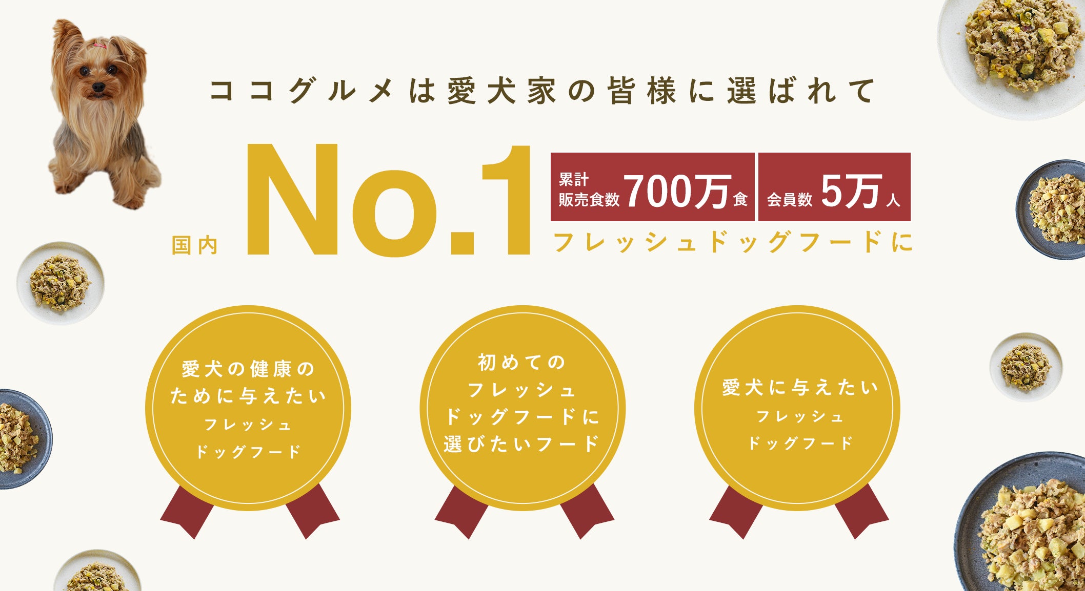 ココグルメ」が愛犬家が選ぶフレッシュドッグフードとして3つのNo. 1 ココグルメ」が愛犬家が選ぶフレッシュドッグフードとして3つのNo. 1