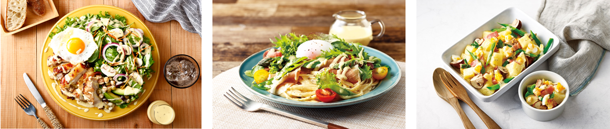 ㊧グリルチキンのペイザンヌサラダ㊥生ハムとアスパラのペイザンヌサラダパスタ㊨ごろごろポテトのペイザンヌサラダ