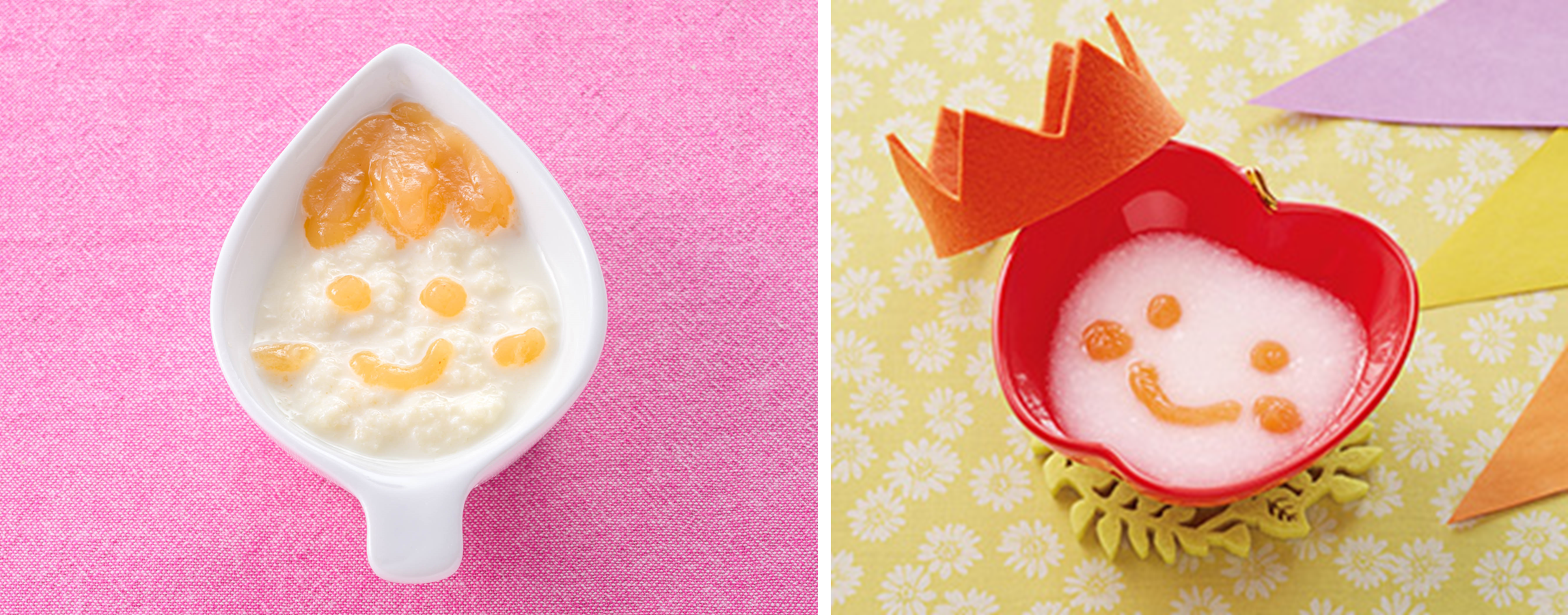 ㊧りんごのパンがゆ(5カ月頃から)、㊨りんごにんじんがゆ(5カ月頃から)