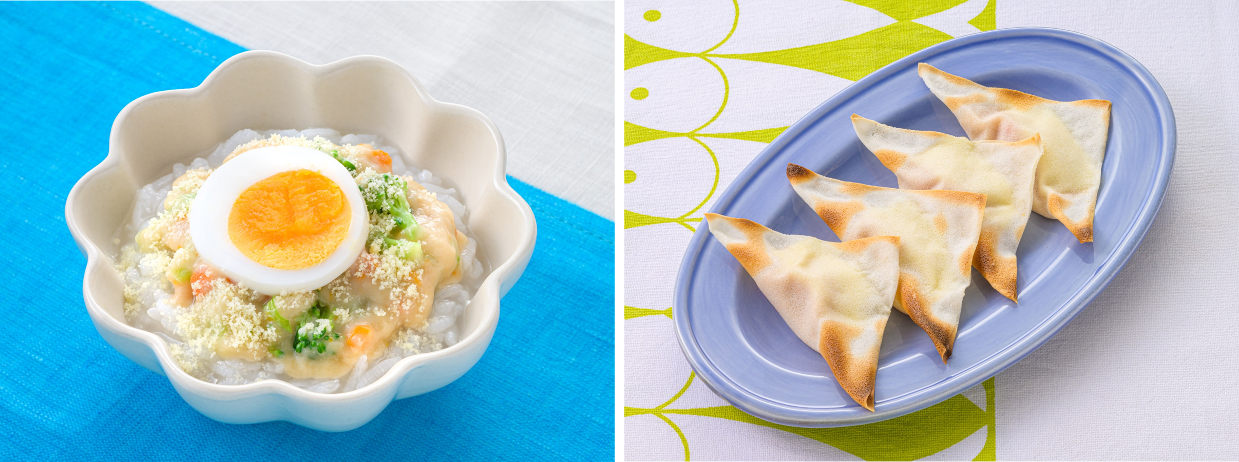 ㊧白身魚と野菜のドリア（赤ちゃん用、9カ月頃から）、㊨白身魚クリームパイ（きょうだい用、幼児から）