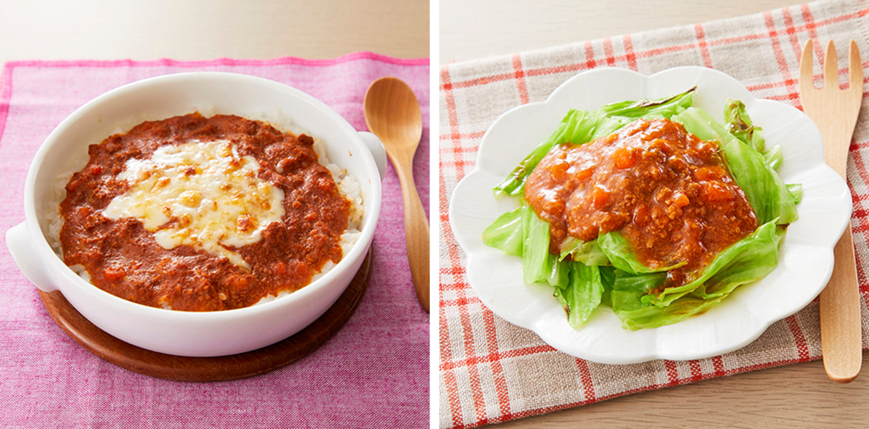 「ミートソース」を使用したメニュー例 ㊧ミートドリア、㊨ゆで野菜がけ（キャベツ）