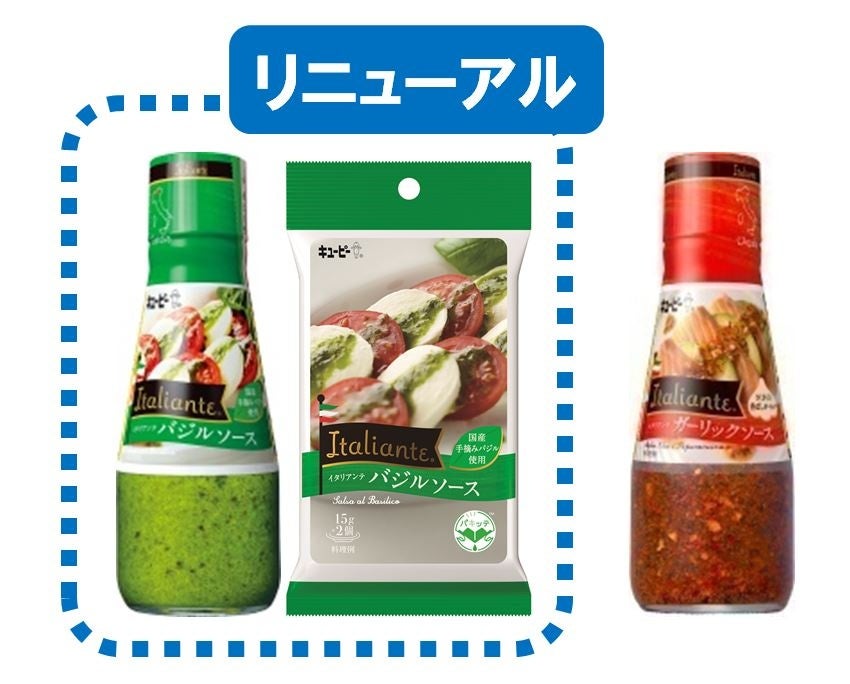 【「Italiante」シリーズ全2種3品】㊧から、「バジルソース」ボトルタイプとパキッテ入り、「ガーリックソース」