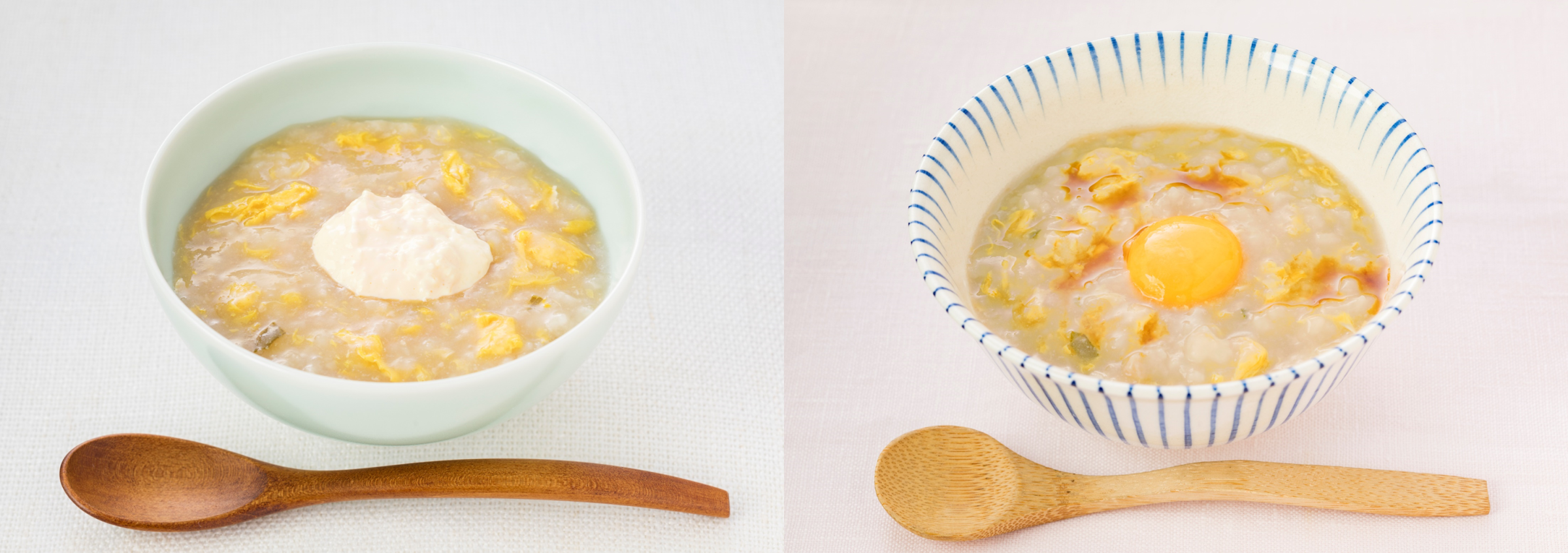 「たまごと牛肉の雑炊」アレンジ例 ㊧しょうがマヨのせ、㊨たまごかけご飯風